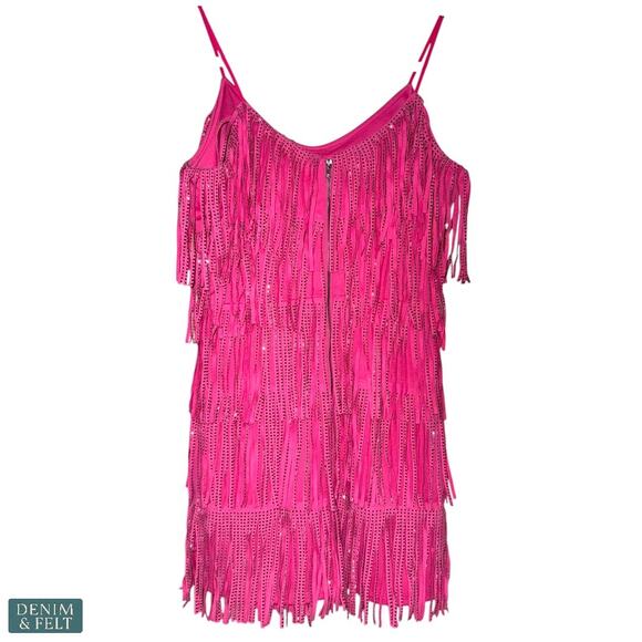 NEW Nylon Apparel Hot Pink Rhinestone Fringe Western Glitter Mini Dress Small - Picture 7 of 15